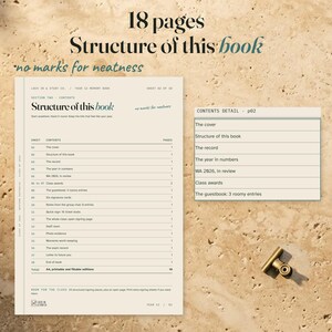 Large contents page from the 18-page memory book, with an enlarged contents detail on warm stone beside teal linen and a gold clip. The straight headline reads 18 pages, Structure of this book.
