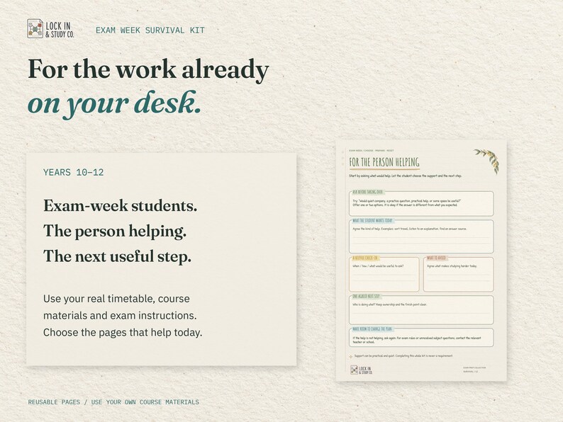 For the work already on your desk. A Years 10 to 12 use guide sits beside the real For the Person Helping page. Bring your own course materials.