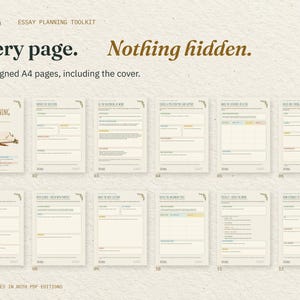 Every page. Nothing hidden. All 12 real A4 pages of the Essay Planning Toolkit, including the cover, arranged in order. The same designed pages come in both PDF editions.