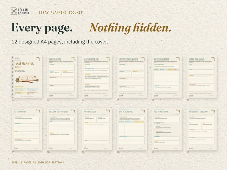 Every page. Nothing hidden. All 12 real A4 pages of the Essay Planning Toolkit, including the cover, arranged in order. The same designed pages come in both PDF editions.