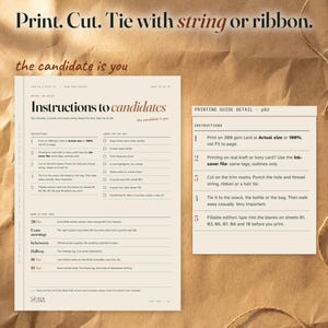 Instructions to candidates guide beside a large bordered close view of the printing and assembly instructions. The straight headline reads Print. Cut. Tie with string or ribbon.
