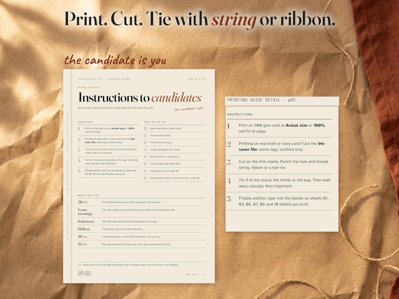 Instructions to candidates guide beside a large bordered close view of the printing and assembly instructions. The straight headline reads Print. Cut. Tie with string or ribbon.