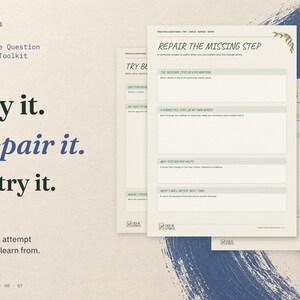 Try it. Repair it. Retry it. Three real Practice Question Review Toolkit pages: Repair the Missing Step in front, with the Try Before Checking and Retry Without Looking pages behind.