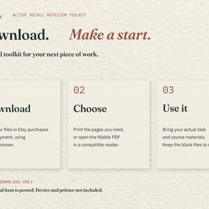 Download. Make a start. Three cards explain downloading the two PDFs through Etsy in a web browser, choosing print or fillable, and using your actual task materials. No physical item is posted.