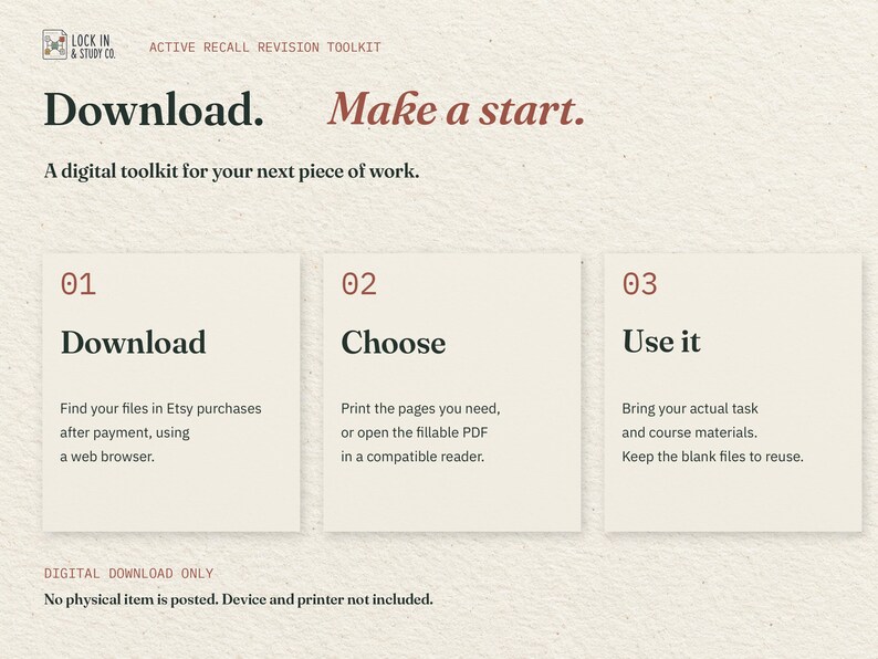 Download. Make a start. Three cards explain downloading the two PDFs through Etsy in a web browser, choosing print or fillable, and using your actual task materials. No physical item is posted.
