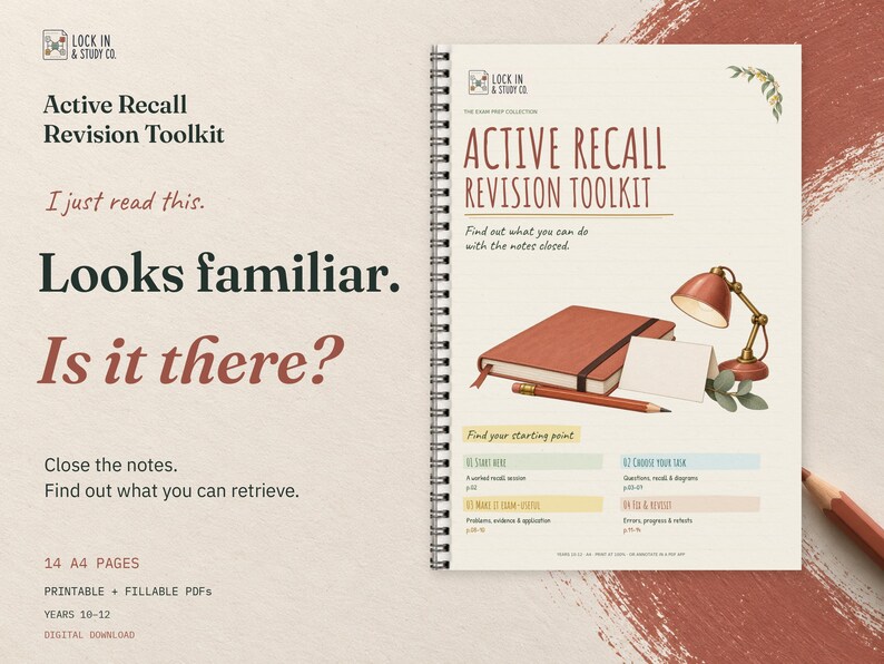 Active Recall Revision Toolkit cover on cream card with terracotta accents. The headline reads Looks familiar. Is it there? Includes 14 A4 pages in printable and fillable PDFs for Years 10 to 12. Digital download.