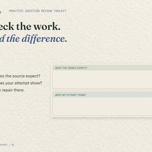 Check the work. Find the difference. An enlarged excerpt from the real Check Against the Real Source page: the What the Source Expects and What My Attempt Shows fields.