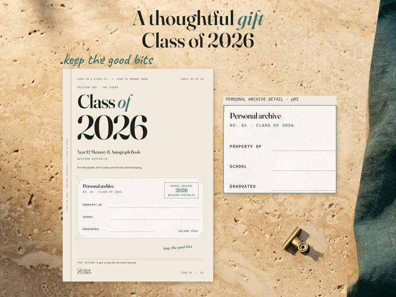 Class of 2026 cover beside an enlarged personal archive card with name, school and graduation spaces. The straight heading presents the A4 memory book as a thoughtful gift.