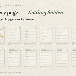 Every page. Nothing hidden. All 12 real A4 pages of the Subject Revision Map, including the cover, arranged in order. The same designed pages come in both PDF editions.