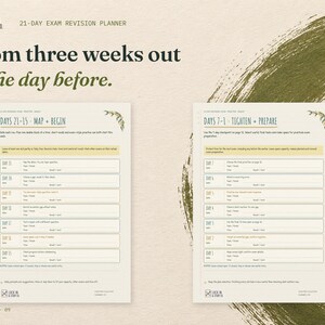 From three weeks out to the day before. The real Days 21-15 · Map + Begin and Days 7-1 · Tighten + Prepare pages displayed side by side on cream card with olive green accents.