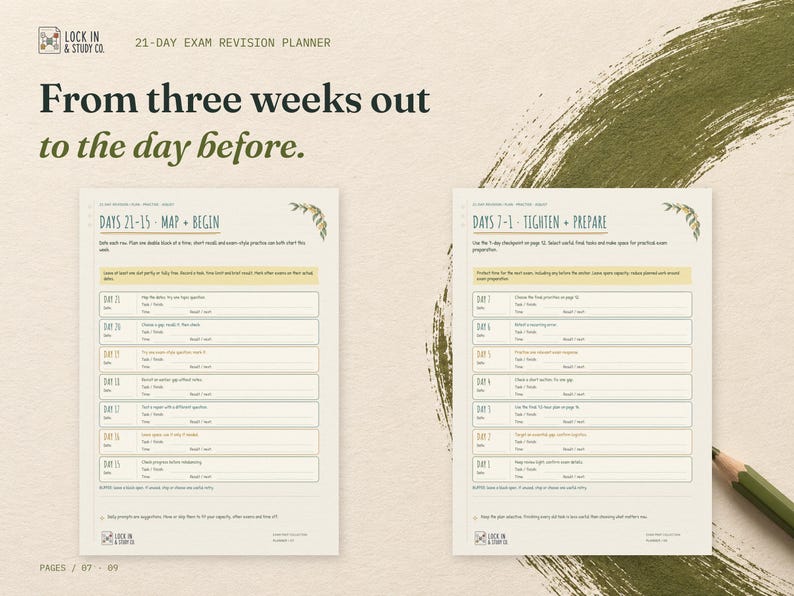 From three weeks out to the day before. The real Days 21-15 · Map + Begin and Days 7-1 · Tighten + Prepare pages displayed side by side on cream card with olive green accents.