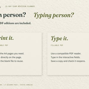 Pen person? Typing person? Two cream cards explain the included printable and fillable PDFs: print the pages you need, or type into interactive fields in a compatible PDF reader.