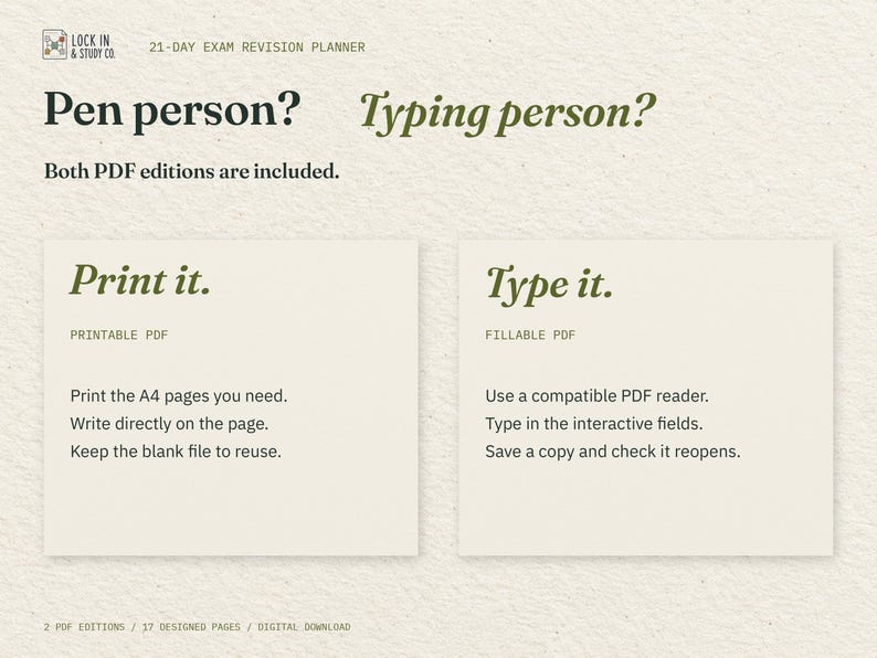 Pen person? Typing person? Two cream cards explain the included printable and fillable PDFs: print the pages you need, or type into interactive fields in a compatible PDF reader.