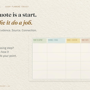 A quote is a start. Make it do a job. The real evidence-planning table has columns for a point, evidence or detail, source and location, and how it helps.
