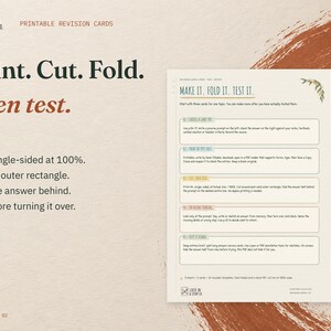 Print. Cut. Fold. Then test. The real Make It. Fold It. Test It. page from the Printable Revision Cards, on cream card with rust accents.