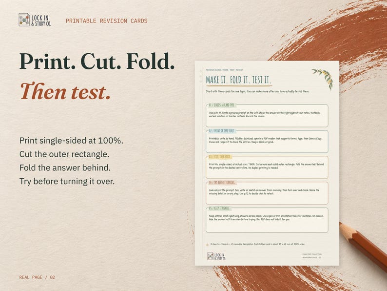 Print. Cut. Fold. Then test. The real Make It. Fold It. Test It. page from the Printable Revision Cards, on cream card with rust accents.