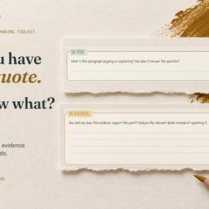 You have a quote. Now what? Enlarged real Point and Reasoning fields from page 6 of the Essay Planning Toolkit show prompts for connecting evidence to the argument.