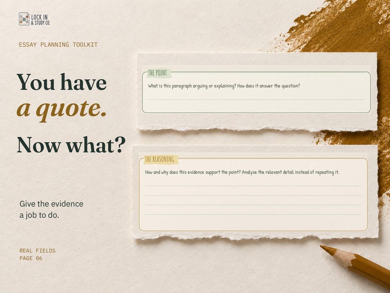 You have a quote. Now what? Enlarged real Point and Reasoning fields from page 6 of the Essay Planning Toolkit show prompts for connecting evidence to the argument.