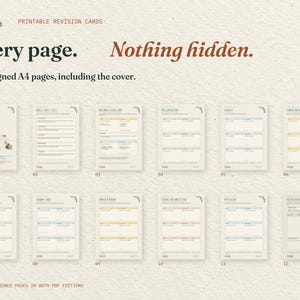 Every page. Nothing hidden. All 12 real A4 pages of the Printable Revision Cards, including the cover, arranged in order. The same designed pages come in both PDF editions.