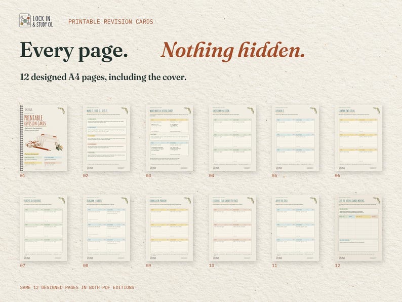 Every page. Nothing hidden. All 12 real A4 pages of the Printable Revision Cards, including the cover, arranged in order. The same designed pages come in both PDF editions.