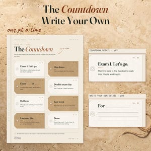 The Countdown sheet beside a close view of its first exam tag and a separate close view from Write Your Own, with a blank name and message area. Both panels identify their source pages.