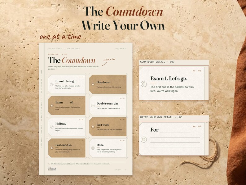 The Countdown sheet beside a close view of its first exam tag and a separate close view from Write Your Own, with a blank name and message area. Both panels identify their source pages.