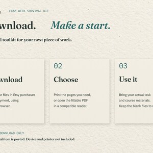 Download. Make a start. Three cards explain downloading the two PDFs through Etsy in a web browser, choosing print or fillable, and using your actual task materials. No physical item is posted.