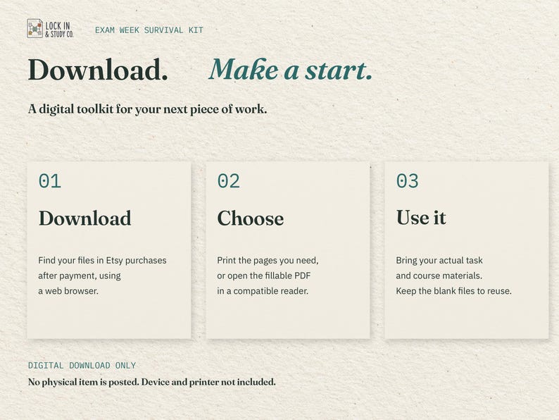 Download. Make a start. Three cards explain downloading the two PDFs through Etsy in a web browser, choosing print or fillable, and using your actual task materials. No physical item is posted.