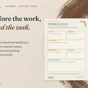 Before the work, read the task. The real Know What the Task Asks page from the Assignment + Assessment Tracker, on cream card with walnut brown accents.
