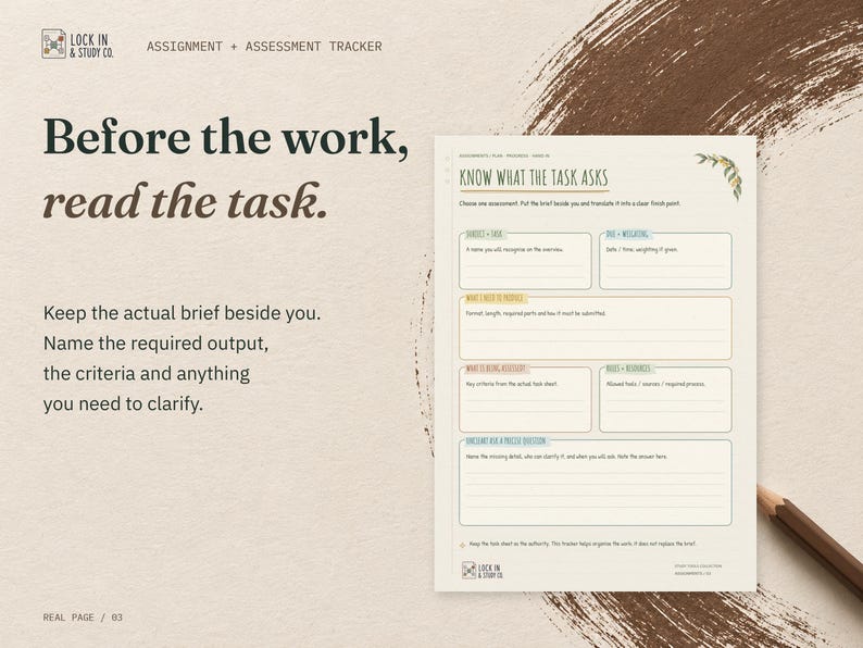 Before the work, read the task. The real Know What the Task Asks page from the Assignment + Assessment Tracker, on cream card with walnut brown accents.