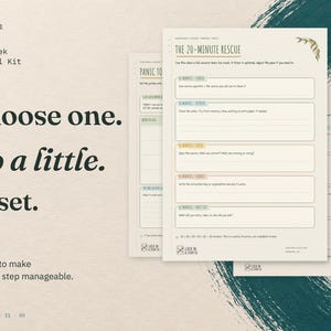 Choose one. Do a little. Reset. Three real Exam Week Survival Kit pages: The 20-Minute Rescue in front, with the Panic to Plan and When the Plan Falls Apart pages behind.