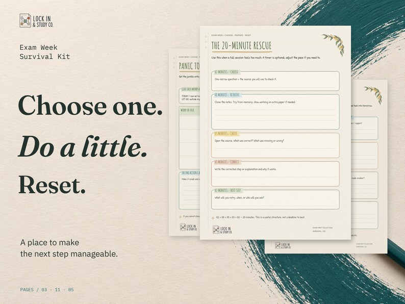 Choose one. Do a little. Reset. Three real Exam Week Survival Kit pages: The 20-Minute Rescue in front, with the Panic to Plan and When the Plan Falls Apart pages behind.