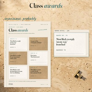 Class awards page beside a bordered close view of the first ivory award, Most likely to reply on my way from bed, with its recipient line. Teal handwriting reads unanimous, probably.