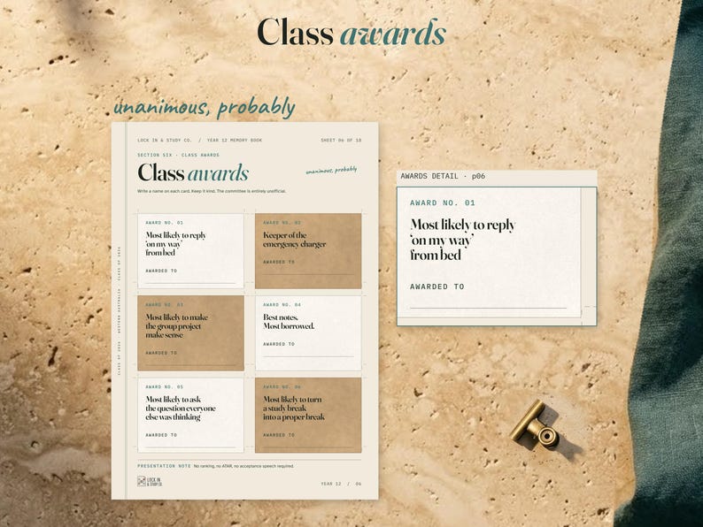 Class awards page beside a bordered close view of the first ivory award, Most likely to reply on my way from bed, with its recipient line. Teal handwriting reads unanimous, probably.