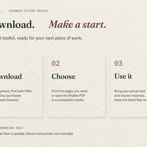 Download. Make a start. Three cards explain downloading the two PDFs through Etsy in a web browser, choosing print or fillable, and using your actual task materials. No physical item is posted.