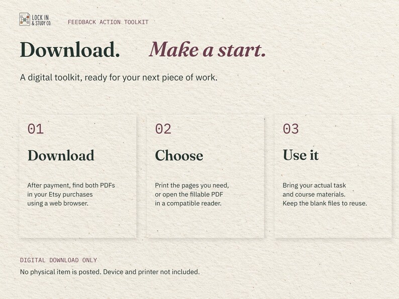 Download. Make a start. Three cards explain downloading the two PDFs through Etsy in a web browser, choosing print or fillable, and using your actual task materials. No physical item is posted.