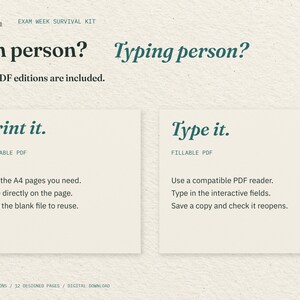 Pen person? Typing person? Two cream cards explain the included printable and fillable PDFs: print the pages you need, or type into interactive fields in a compatible PDF reader.