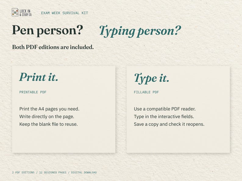 Pen person? Typing person? Two cream cards explain the included printable and fillable PDFs: print the pages you need, or type into interactive fields in a compatible PDF reader.