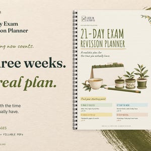 21-Day Exam Revision Planner cover on cream card with olive green accents. The headline reads Three weeks. A real plan. Includes 17 A4 pages in printable and fillable PDFs for Years 10 to 12. Digital download.