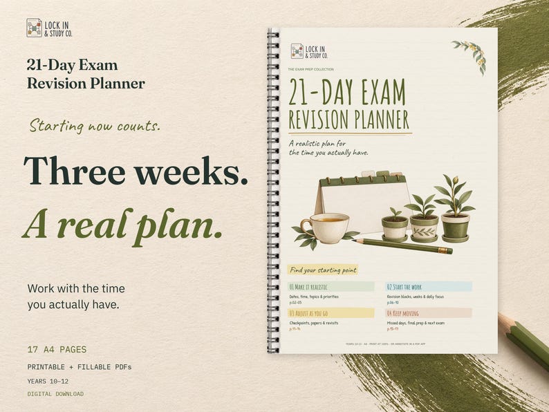 21-Day Exam Revision Planner cover on cream card with olive green accents. The headline reads Three weeks. A real plan. Includes 17 A4 pages in printable and fillable PDFs for Years 10 to 12. Digital download.