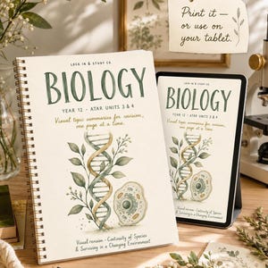 WA Year 12 Biology ATAR Units 3 and 4 study pack shown as a printed spiral workbook beside a tablet on a wooden desk. The cream cover has a DNA helix, cell illustrations and leafy branches; a note says to print it or use it on a tablet.