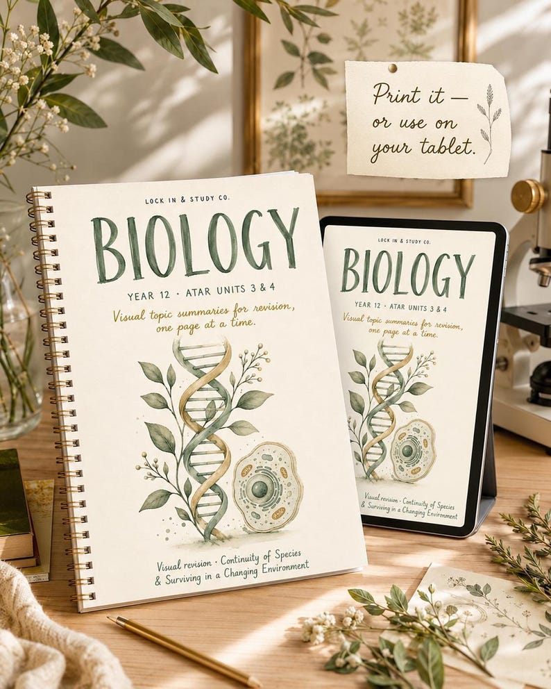 WA Year 12 Biology ATAR Units 3 and 4 study pack shown as a printed spiral workbook beside a tablet on a wooden desk. The cream cover has a DNA helix, cell illustrations and leafy branches; a note says to print it or use it on a tablet.