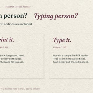 Pen person? Typing person? Two cream cards explain the included printable and fillable PDFs: print the pages you need, or type into interactive fields in a compatible PDF reader.