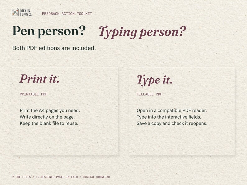 Pen person? Typing person? Two cream cards explain the included printable and fillable PDFs: print the pages you need, or type into interactive fields in a compatible PDF reader.