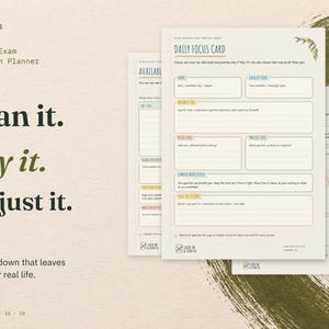 Plan it. Try it. Adjust it. Three real 21-Day Exam Revision Planner pages: Daily Focus Card in front, with the Available Time Reality Check and Missed a Day? Replan pages behind.