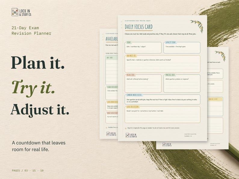 Plan it. Try it. Adjust it. Three real 21-Day Exam Revision Planner pages: Daily Focus Card in front, with the Available Time Reality Check and Missed a Day? Replan pages behind.