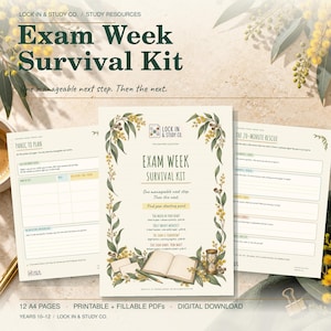 Könnte beinhalten: Ein digitales Exam Week Survival Kit mit 12 A4-Seiten als druckbare und ausfüllbare PDFs. Das Deckblatt zeigt den Titel, eine botanische Umrandung, ein offenes Buch und eine Sanduhr-Illustration auf einem cremefarbenen Hintergrund.