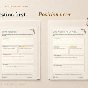 Question first. Position next. Real Unpack the Question and Choose a Position You Can Support worksheets displayed side by side on cream card with ochre accents.