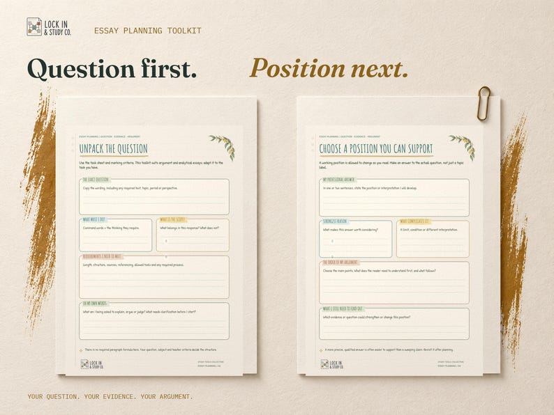 Question first. Position next. Real Unpack the Question and Choose a Position You Can Support worksheets displayed side by side on cream card with ochre accents.