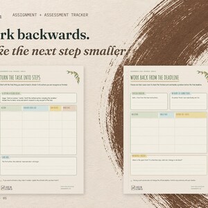 Work backwards. Make the next step smaller. The real Turn the Task into Steps and Work Back from the Deadline pages displayed side by side on cream card with walnut brown accents.